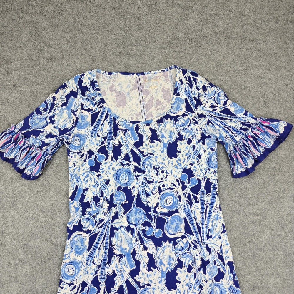 Lilly Pulitzer Dress Womens Small Blue Floral Jersey Ruffle Bell Sleeve Shift - Picture 3 of 9